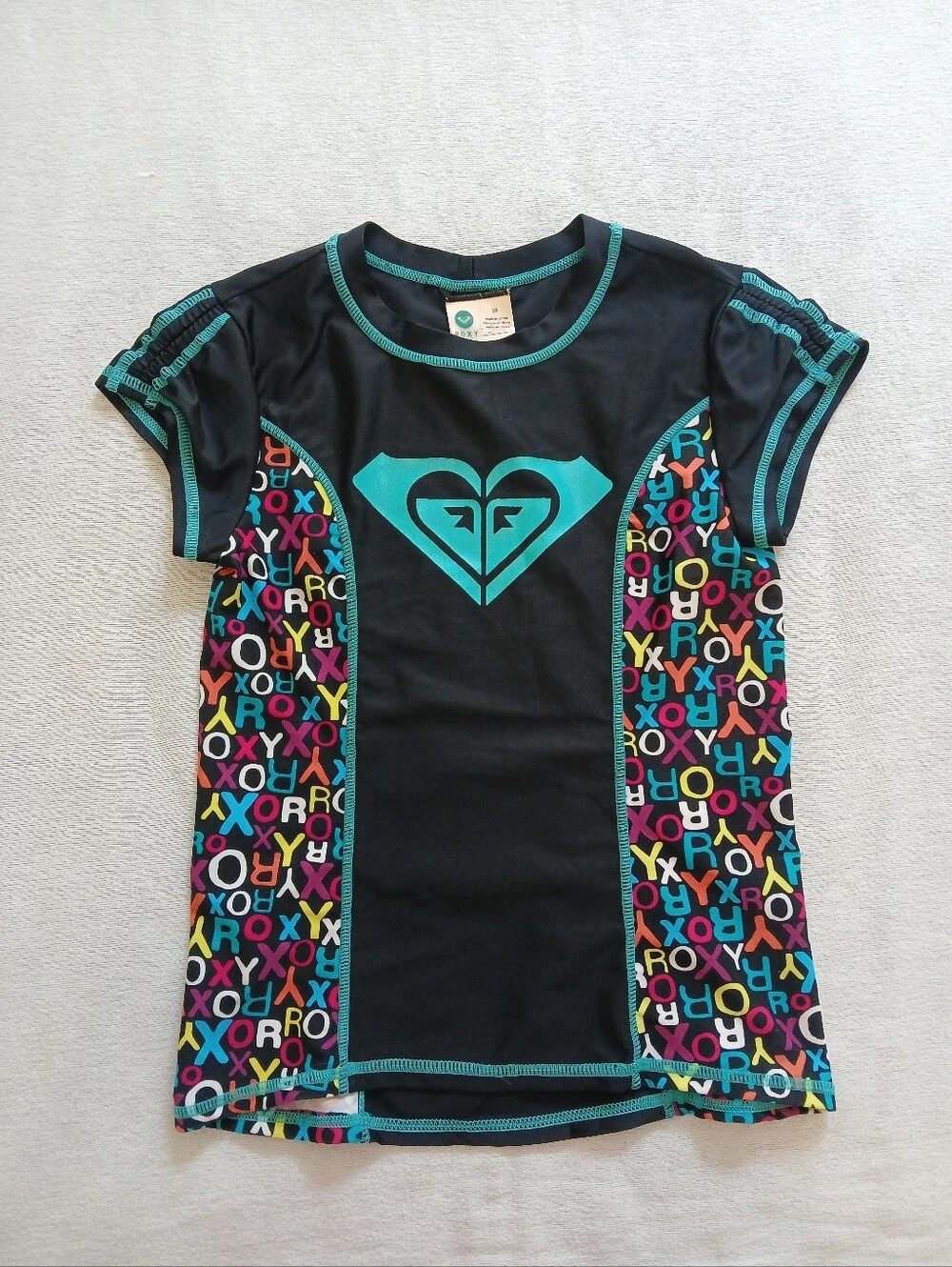 Roxy Girls 10 Black Rashguard Swim Top with Teal Logo and Multicolor Side Panels